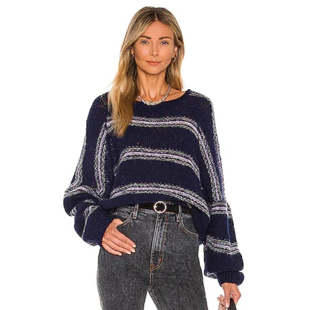 Free People Sweater Womens Small Blue Alpaca Stripe Knit Pullover Boho Peru Cozy